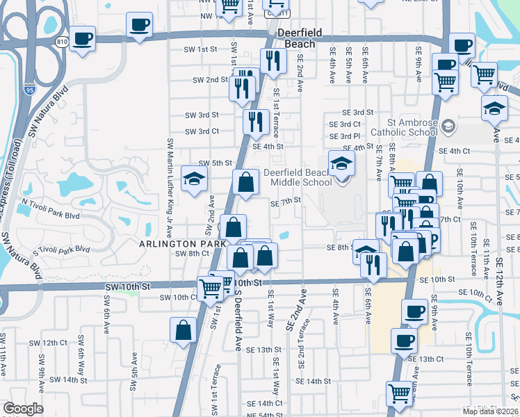map of restaurants, bars, coffee shops, grocery stores, and more near 733 Southeast 1st Way in Deerfield Beach