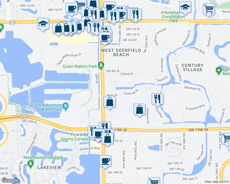map of restaurants, bars, coffee shops, grocery stores, and more near 282 Prescott North in Deerfield Beach
