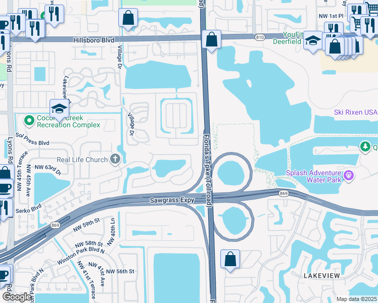 map of restaurants, bars, coffee shops, grocery stores, and more near 3692 Northwest 63rd Court in Coconut Creek