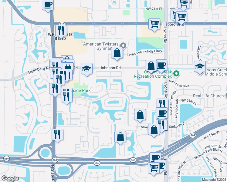 map of restaurants, bars, coffee shops, grocery stores, and more near 5033 Mallards Place in Coconut Creek