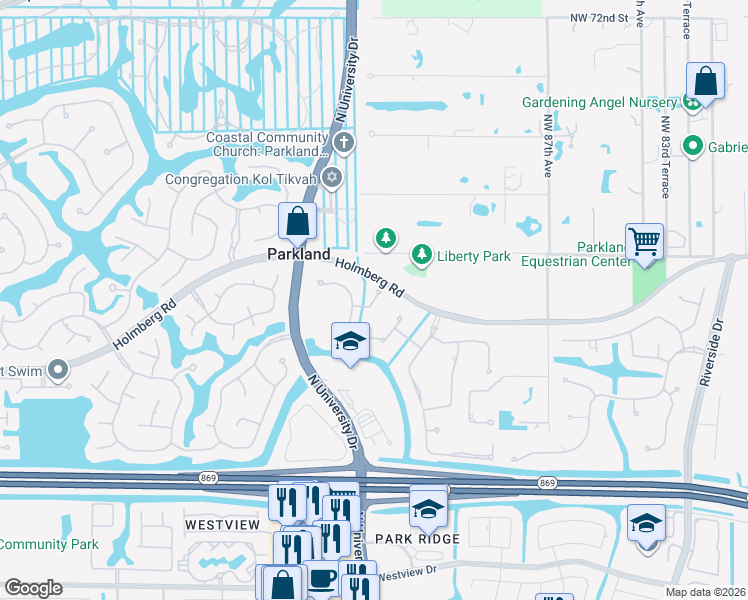 map of restaurants, bars, coffee shops, grocery stores, and more near 9262 Northwest 63rd Court in Parkland