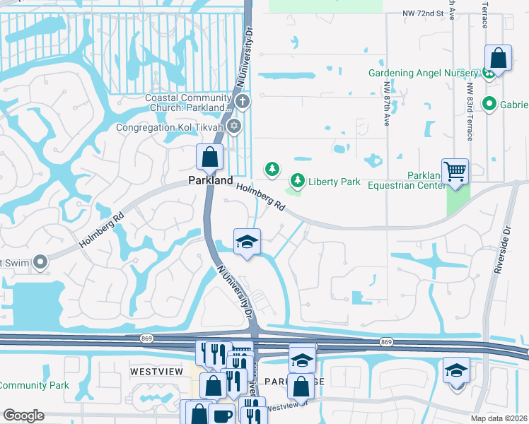 map of restaurants, bars, coffee shops, grocery stores, and more near 9262 Northwest 63rd Court in Parkland