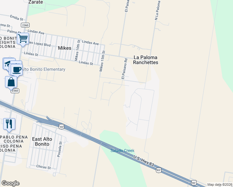 map of restaurants, bars, coffee shops, grocery stores, and more near 126 la Paloma Circle in Rio Grande City