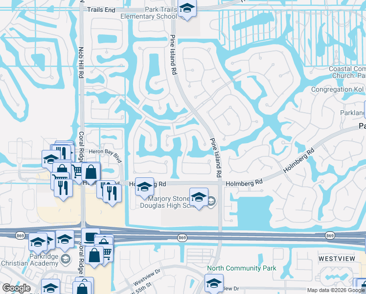map of restaurants, bars, coffee shops, grocery stores, and more near 6288 Northwest 107th Terrace in Parkland