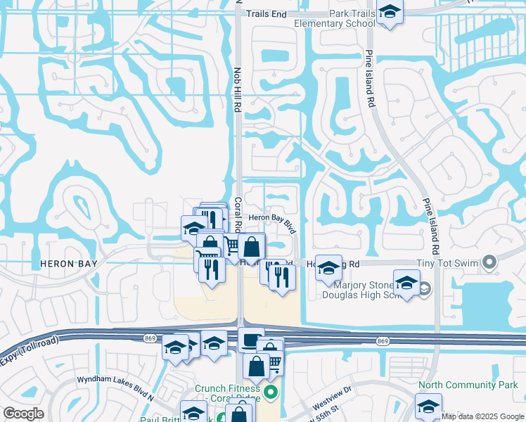 map of restaurants, bars, coffee shops, grocery stores, and more near 11100 Heron Bay Boulevard in Coral Springs