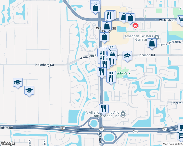 map of restaurants, bars, coffee shops, grocery stores, and more near 5811 Northwest 63rd Place in Parkland