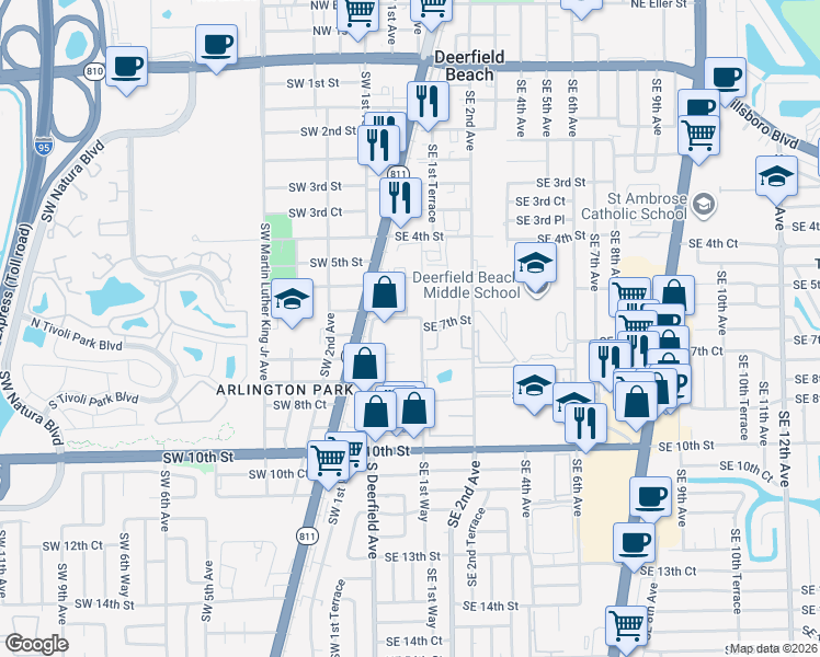 map of restaurants, bars, coffee shops, grocery stores, and more near 733 Southeast 1st Way in Deerfield Beach