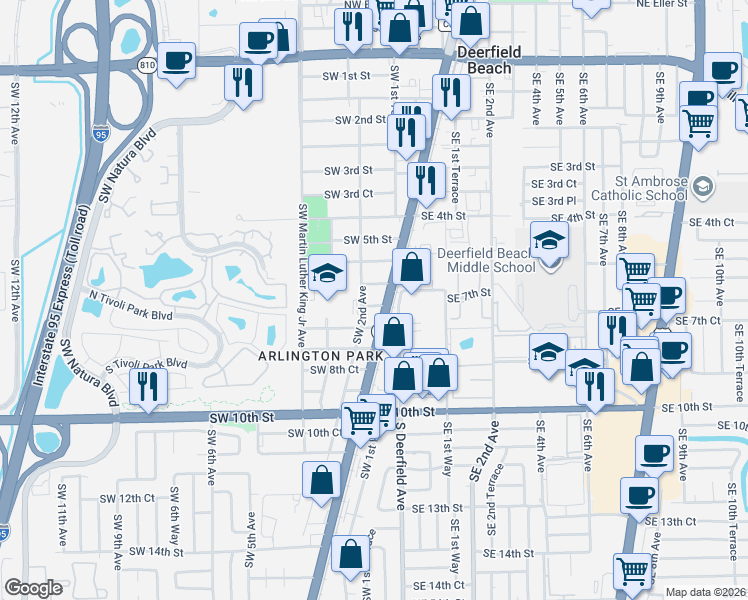 map of restaurants, bars, coffee shops, grocery stores, and more near 733 South Dixie Highway in Boca Raton