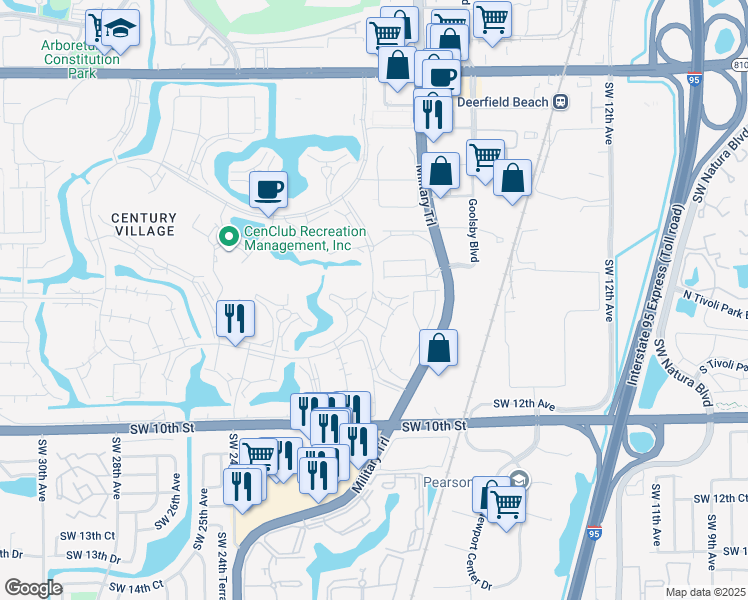 map of restaurants, bars, coffee shops, grocery stores, and more near 21 Richmond Crescent in Deerfield Beach