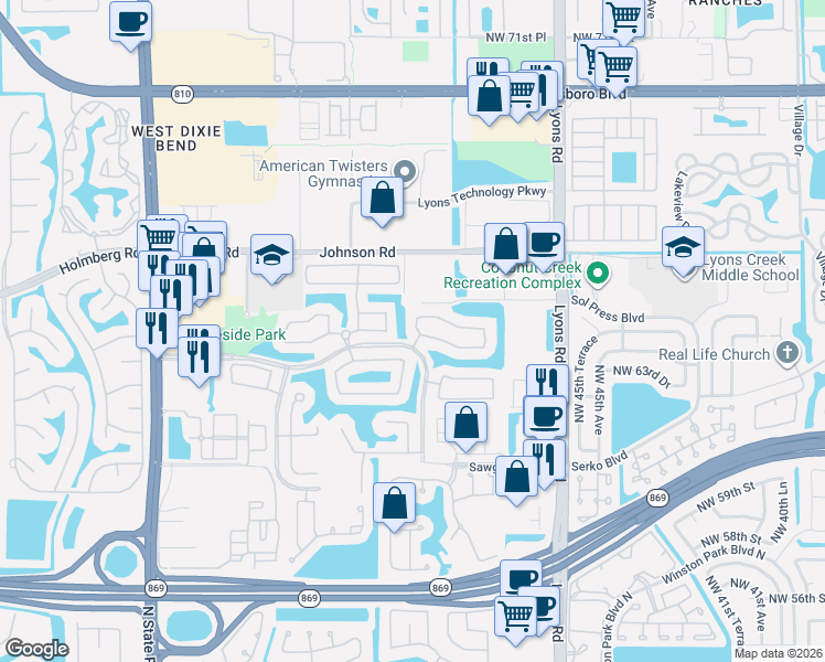 map of restaurants, bars, coffee shops, grocery stores, and more near 4988 Pelican Manor in Coconut Creek