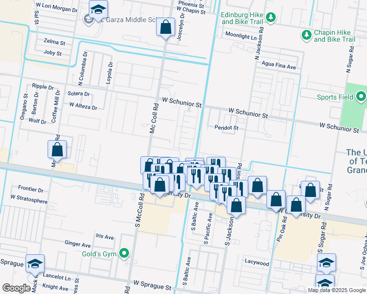 map of restaurants, bars, coffee shops, grocery stores, and more near 307 Chestnut Avenue in Edinburg