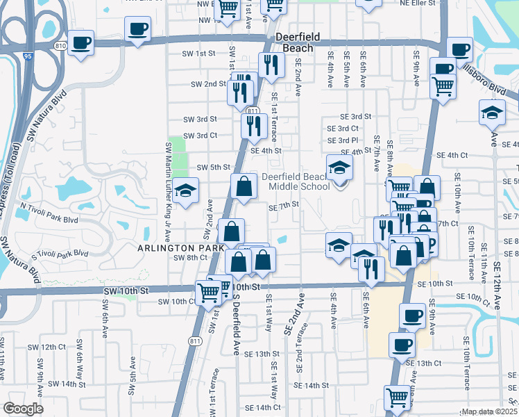 map of restaurants, bars, coffee shops, grocery stores, and more near 733 Southeast 1st Way in Deerfield Beach