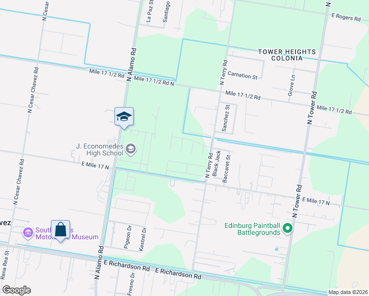 map of restaurants, bars, coffee shops, grocery stores, and more near 1619 North Terry Road in Edinburg