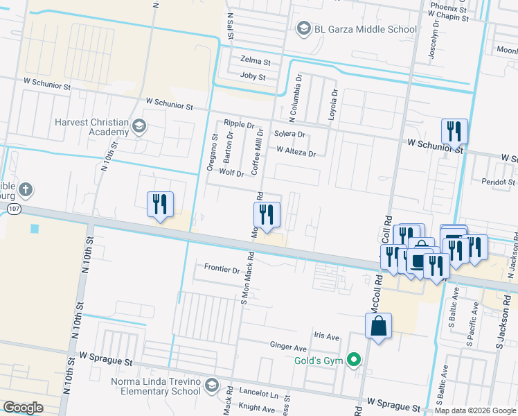 map of restaurants, bars, coffee shops, grocery stores, and more near 3604 West Shadow Wood Street in Edinburg