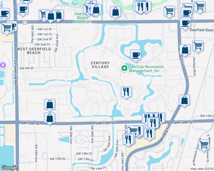 map of restaurants, bars, coffee shops, grocery stores, and more near 93 Lyndhurst North in Deerfield Beach