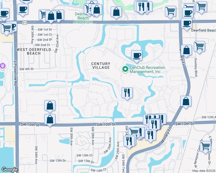 map of restaurants, bars, coffee shops, grocery stores, and more near 93 Lyndhurst North in Deerfield Beach