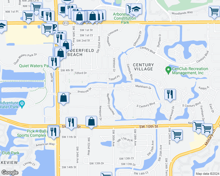 map of restaurants, bars, coffee shops, grocery stores, and more near 168 Tilford Place in Deerfield Beach