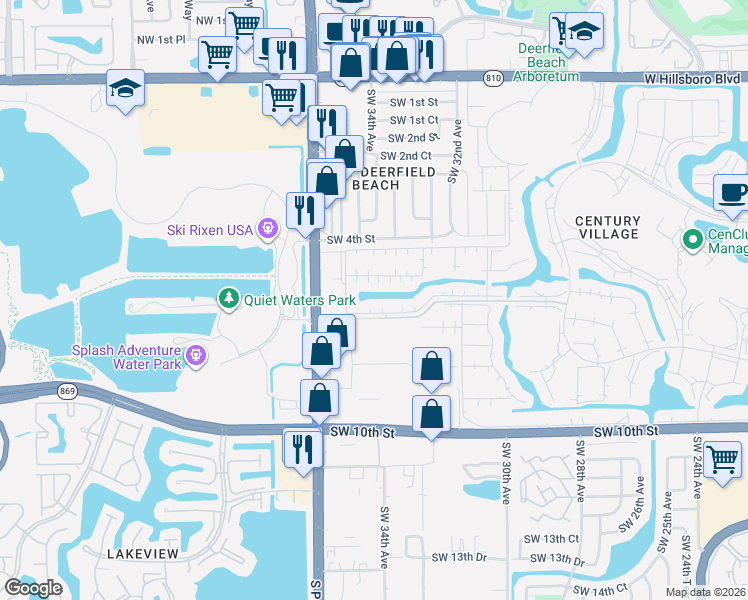 map of restaurants, bars, coffee shops, grocery stores, and more near 489 Tilford North in Deerfield Beach