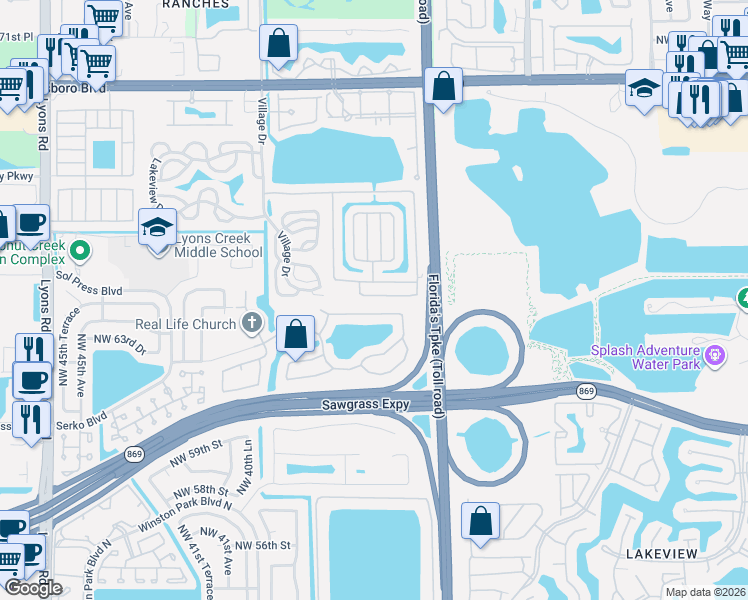 map of restaurants, bars, coffee shops, grocery stores, and more near 3411 Northwest 64th Court in Coconut Creek