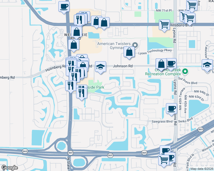 map of restaurants, bars, coffee shops, grocery stores, and more near 5317 Flamingo Place in Coconut Creek