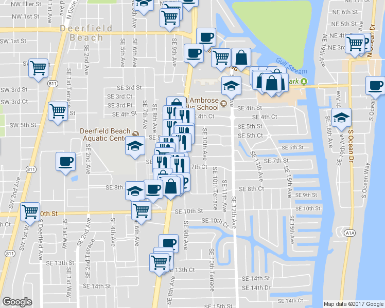 map of restaurants, bars, coffee shops, grocery stores, and more near 937 Southeast 7th Street in Deerfield Beach