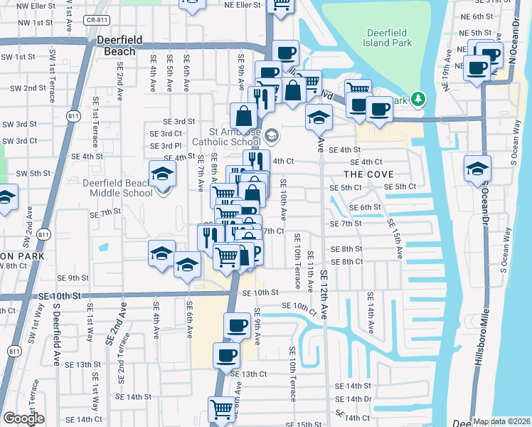 map of restaurants, bars, coffee shops, grocery stores, and more near 937 Southeast 7th Street in Deerfield Beach