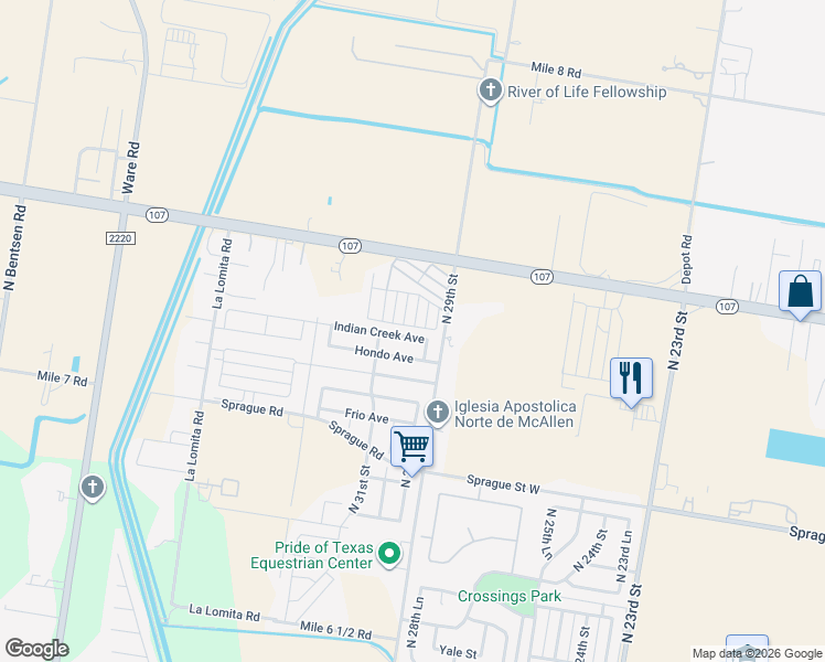 map of restaurants, bars, coffee shops, grocery stores, and more near 2924 Indian Creek Avenue in McAllen