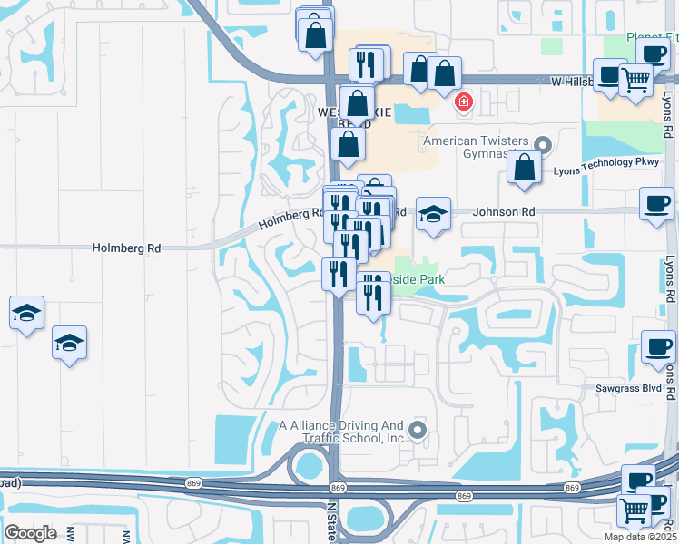 map of restaurants, bars, coffee shops, grocery stores, and more near 6112 North State Road 7 in Coconut Creek