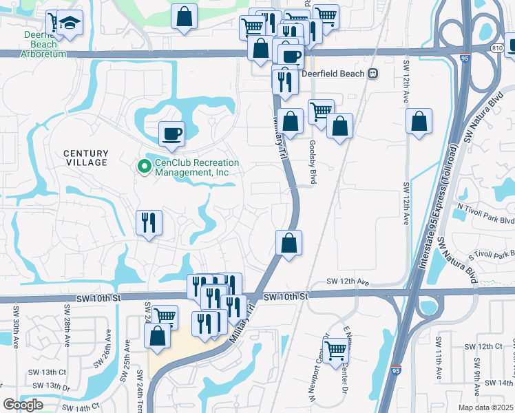 map of restaurants, bars, coffee shops, grocery stores, and more near 579 Spoonbill Court in Deerfield Beach