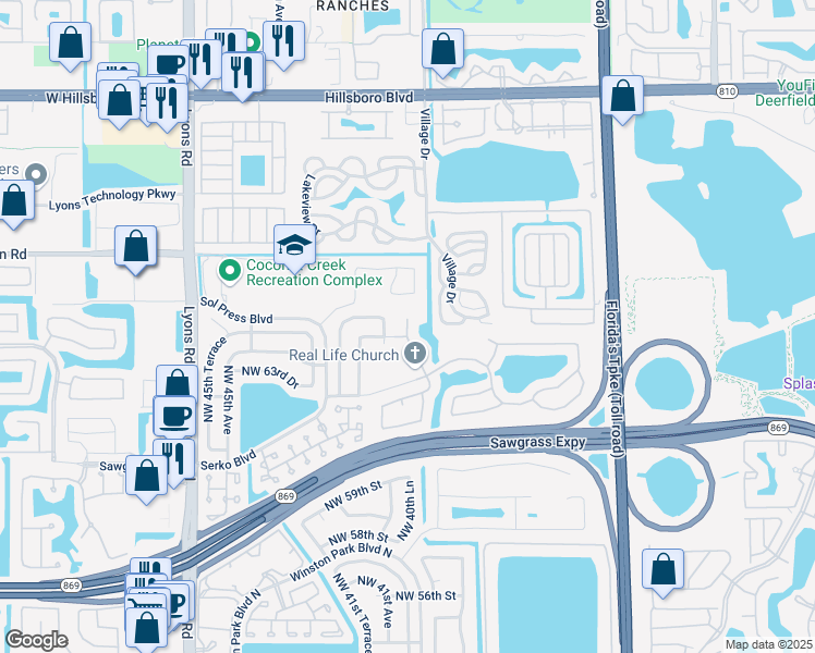 map of restaurants, bars, coffee shops, grocery stores, and more near 6530 Northwest 41st Terrace in Coconut Creek