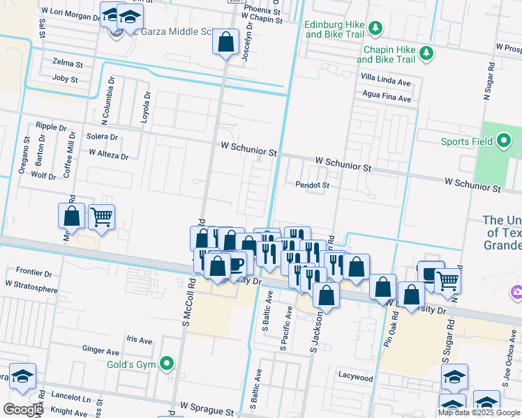 map of restaurants, bars, coffee shops, grocery stores, and more near 2501 Toledo Avenue in Edinburg