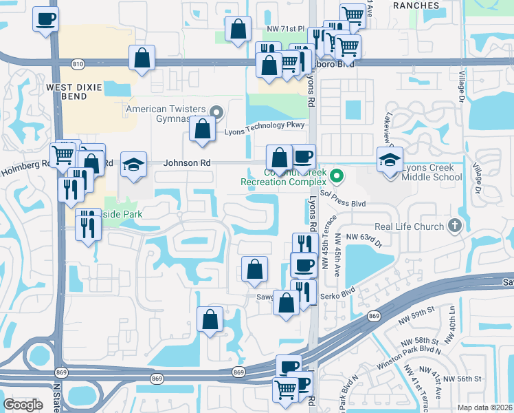 map of restaurants, bars, coffee shops, grocery stores, and more near 4939 Pelican Street in Coconut Creek