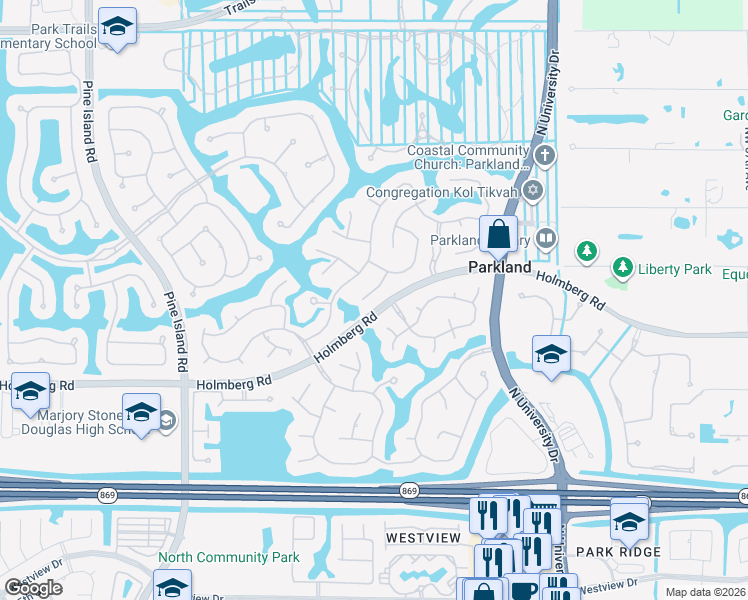 map of restaurants, bars, coffee shops, grocery stores, and more near 6445 Northwest 98th Lane in Parkland