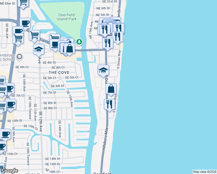 map of restaurants, bars, coffee shops, grocery stores, and more near 512 Southeast 20th Avenue in Deerfield Beach