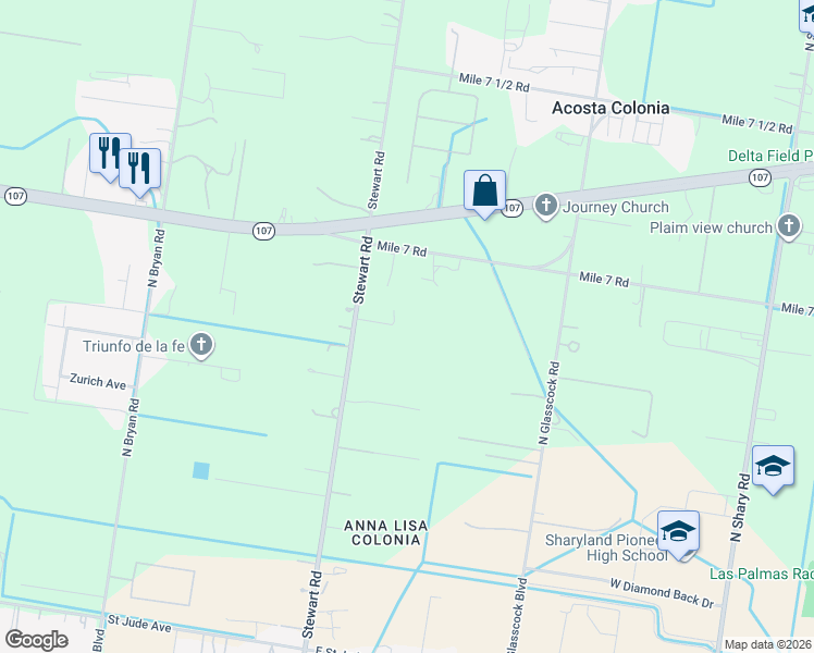 map of restaurants, bars, coffee shops, grocery stores, and more near 10700 North Stewart Road in McAllen
