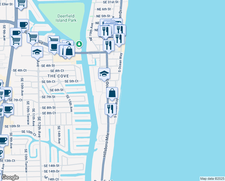 map of restaurants, bars, coffee shops, grocery stores, and more near 512 Southeast 20th Avenue in Deerfield Beach