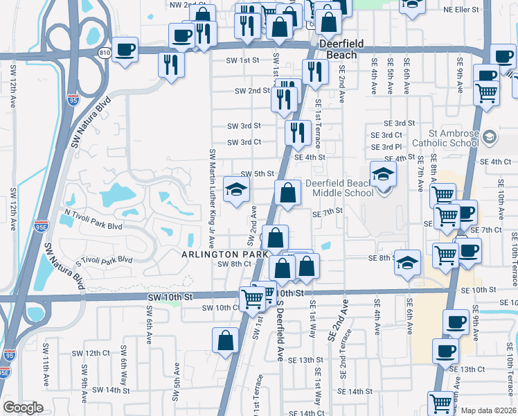 map of restaurants, bars, coffee shops, grocery stores, and more near 171 Southwest 6th Street in Deerfield Beach