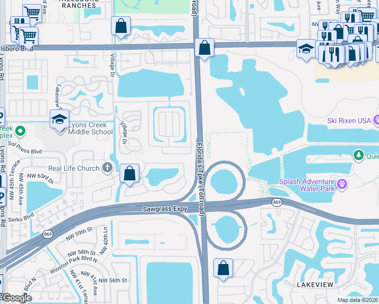 map of restaurants, bars, coffee shops, grocery stores, and more near 6544 Northwest 32nd Avenue in Coconut Creek