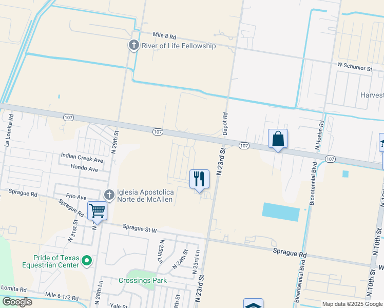 map of restaurants, bars, coffee shops, grocery stores, and more near 2501 West State Highway 107 in McAllen