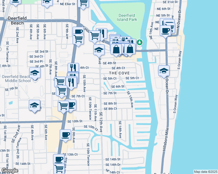 map of restaurants, bars, coffee shops, grocery stores, and more near 543 Southeast 13th Avenue in Deerfield Beach
