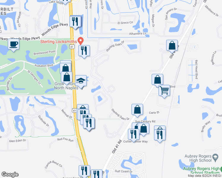 map of restaurants, bars, coffee shops, grocery stores, and more near 642400 Sterling Oaks Drive in Naples