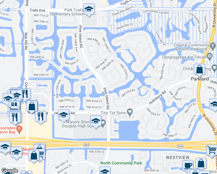 map of restaurants, bars, coffee shops, grocery stores, and more near 6443 Northwest 105th Terrace in Parkland