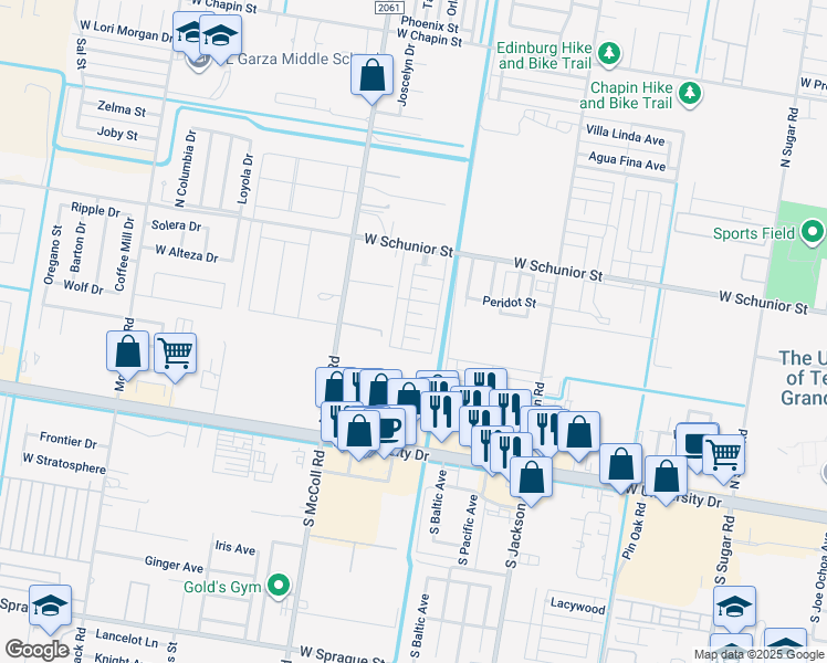 map of restaurants, bars, coffee shops, grocery stores, and more near 2511 Salvatierra Avenue in Edinburg