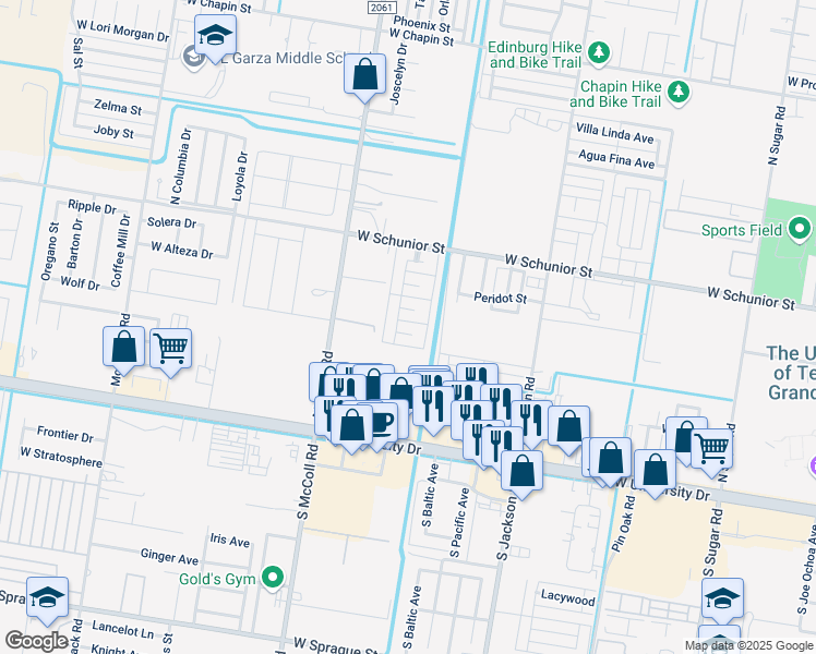 map of restaurants, bars, coffee shops, grocery stores, and more near 2501 Toledo Avenue in Edinburg