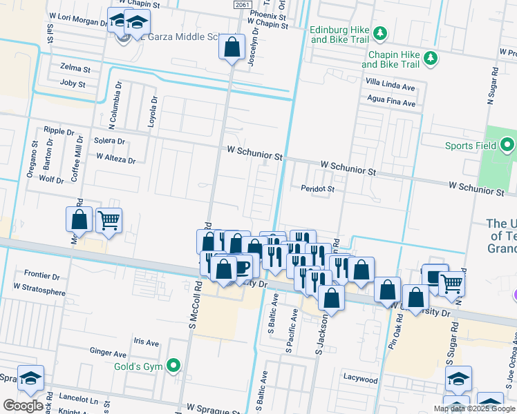 map of restaurants, bars, coffee shops, grocery stores, and more near 2501 Toledo Avenue in Edinburg