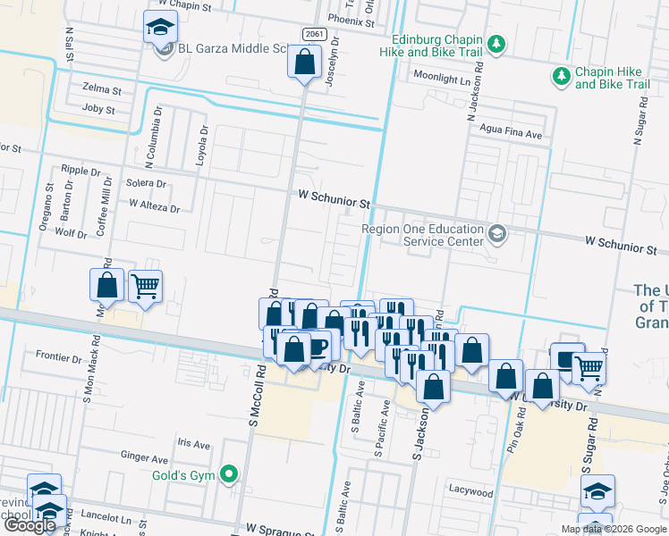 map of restaurants, bars, coffee shops, grocery stores, and more near 423 La Mancha Drive in Edinburg