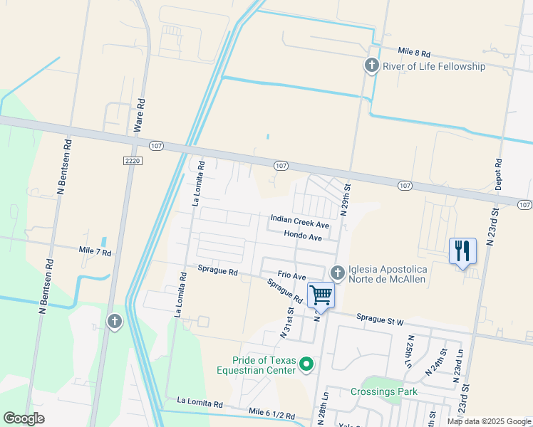 map of restaurants, bars, coffee shops, grocery stores, and more near 3220 Indian Creek Avenue in McAllen