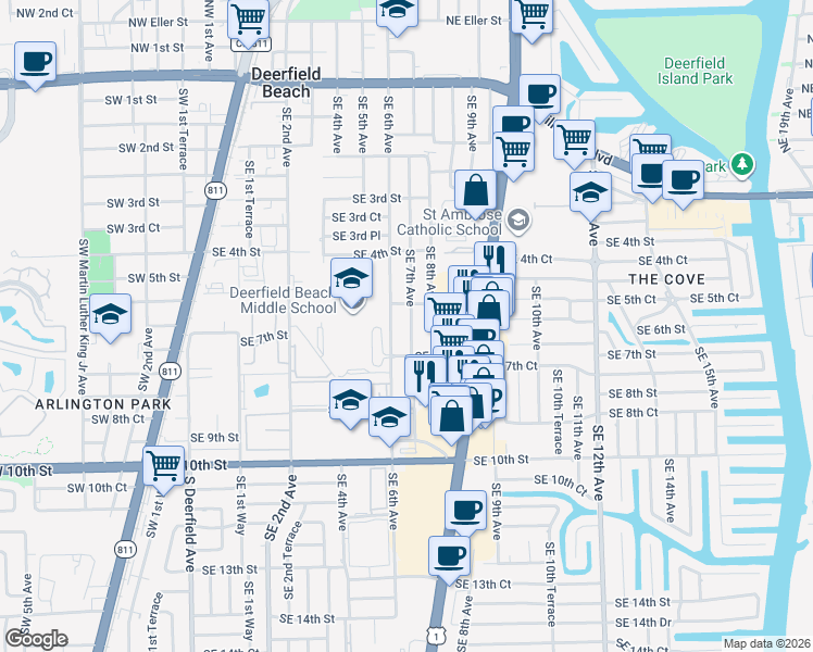 map of restaurants, bars, coffee shops, grocery stores, and more near 603 Southeast 7th Avenue in Deerfield Beach