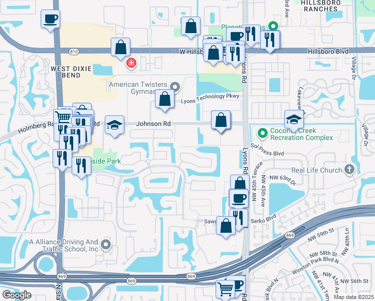 map of restaurants, bars, coffee shops, grocery stores, and more near 4979 Pelican Street in Coconut Creek