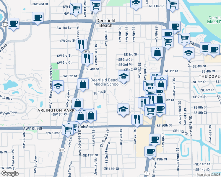 map of restaurants, bars, coffee shops, grocery stores, and more near 560 Southeast 2nd Avenue in Deerfield Beach